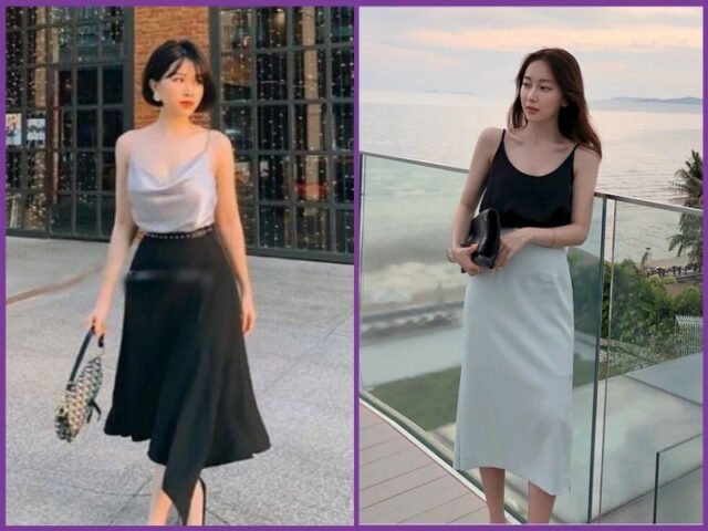 phối áo hai dây với chân váy chữ a dáng dài