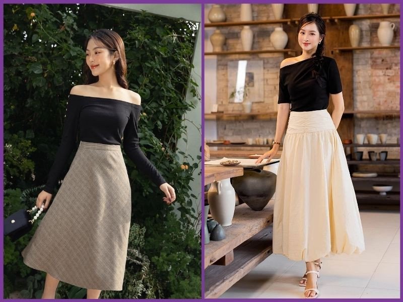 phối áo lệch vai với chân váy chữ a dáng dài