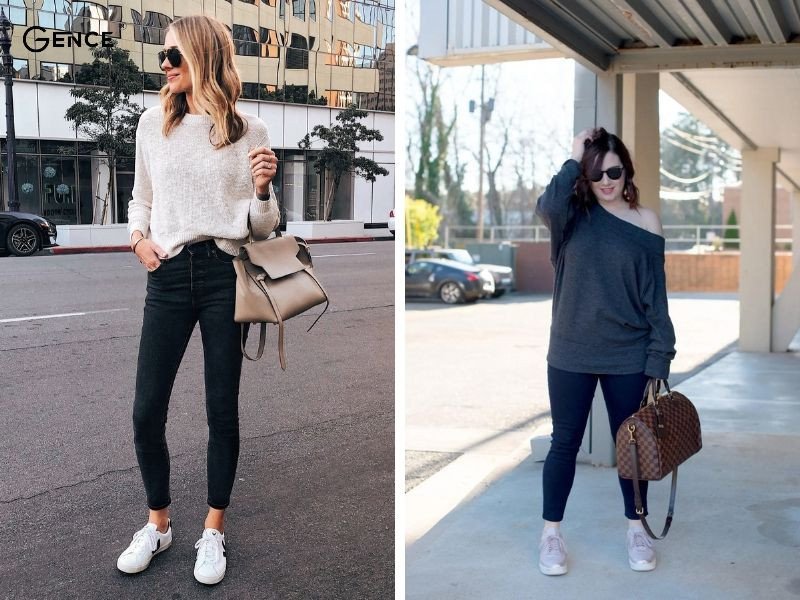 Phối áo len cùng quần skinny và giày Jordan nữ