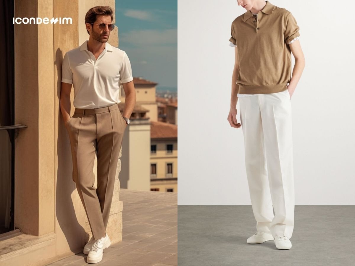 Phối áo polo, quần âu gam màu trung tính với giày sneaker trắng hoàn hảo