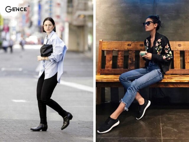 Phối áo sơ mi quần jean cùng giày sneaker đen nữ năng động