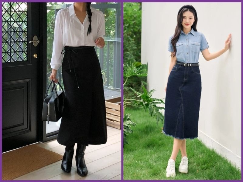 phối áo sơ mi với chân váy chữ a dáng dài