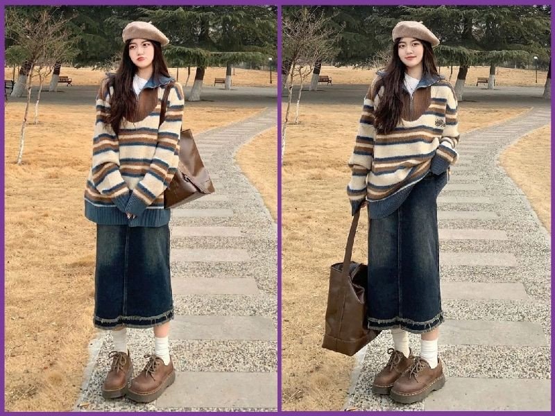 phối áo sweater với chân váy chữ a dáng dài