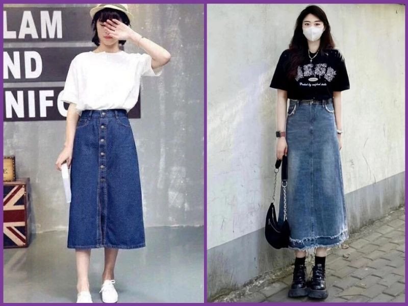phối áo thun với chân váy jean dài chữ A