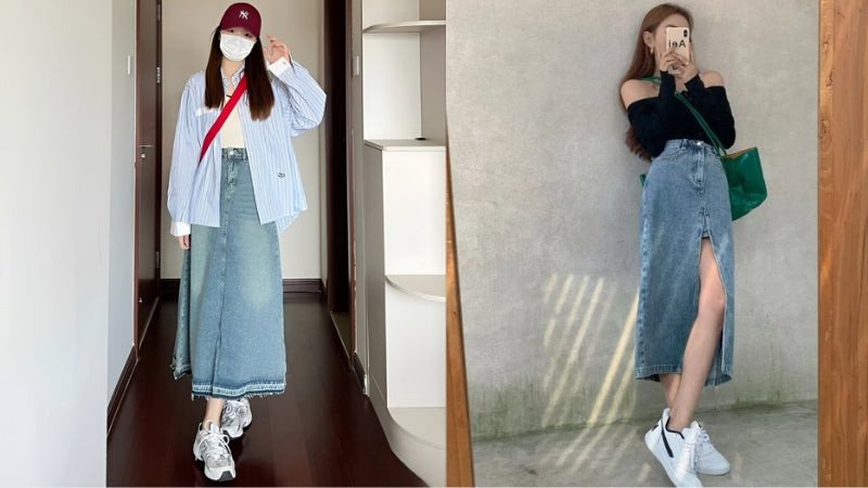 Phối chân váy bò dài cùng giày sneaker trắng năng động