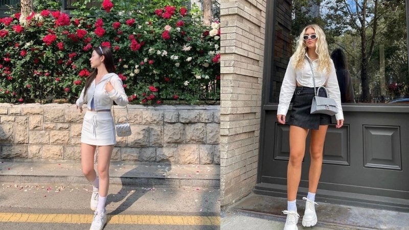 Phối chân váy chữ A cùng giày sneaker trắng nữ