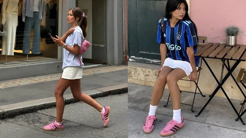 Phối chân váy chữ A màu kem với áo blazer và giày sneaker hồng