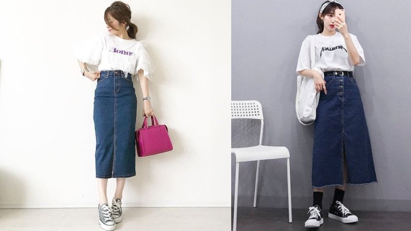 Phối chân váy jean dài cùng giày Converse cổ cao màu trắng năng động