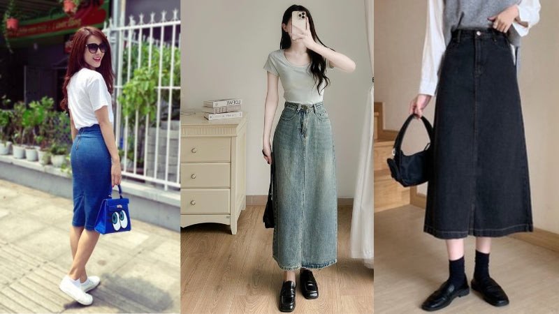 Phối chân váy jean dài cùng giày lười màu đen đơn giản, tiện lợi
