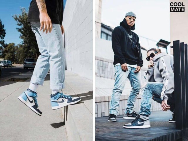 Phối đồ giày Jordan với quần jeans rách gối và áo hoodie năng động
