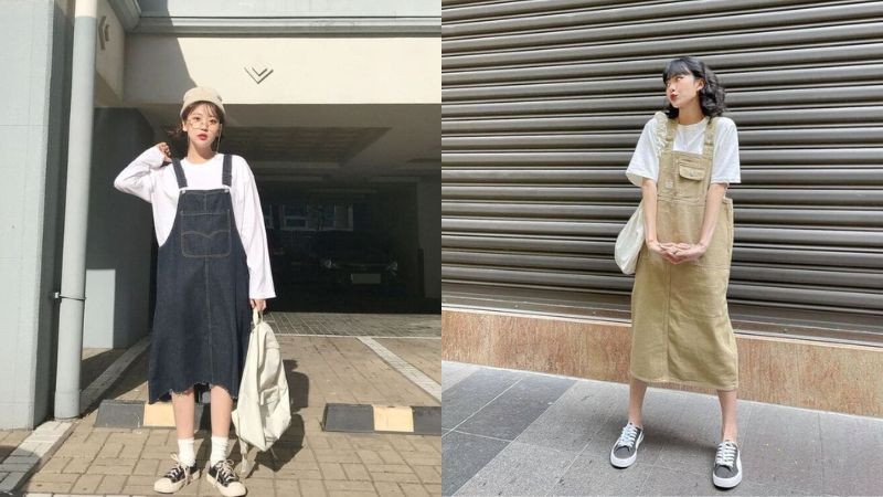 Phối đồ giày thể thao dễ thương cùng yếm quần jeans và áo len màu kem