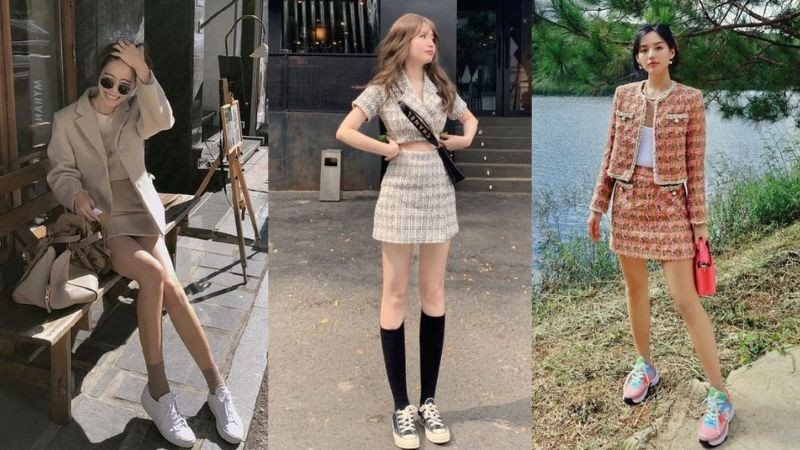 Phối đồ giày thể thao phá cách với áo khoác dạ dáng dài và váy ngắn