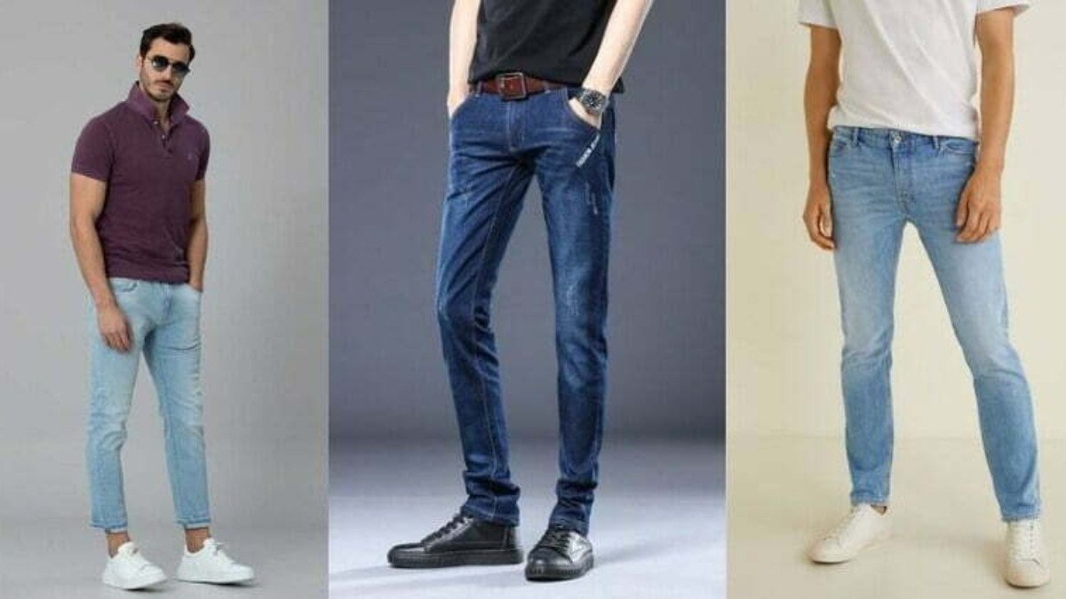 Phối đồ quần jean nam ống đứng màu xanh với giày sneaker và áo sơ mi