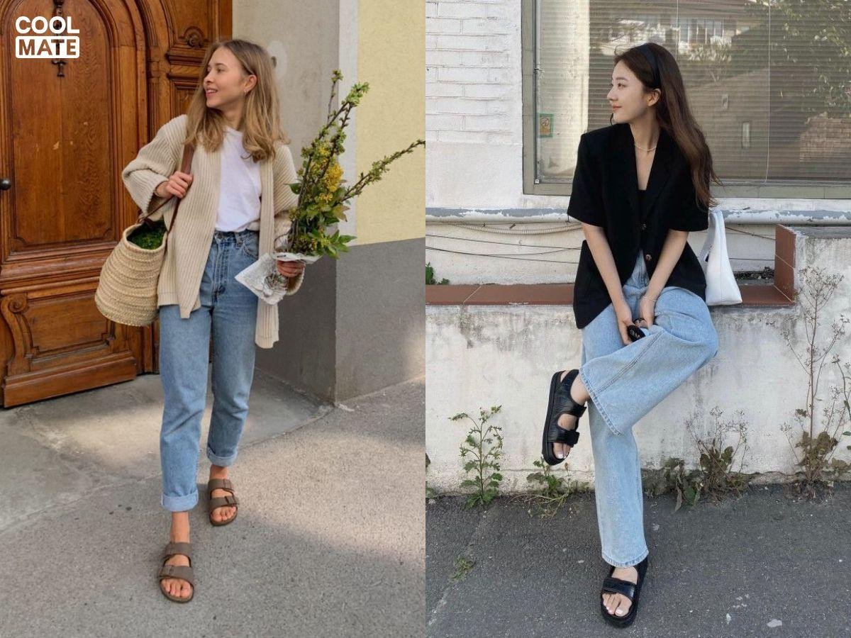 phối đồ với dép sandal quai ngang và quần jean nữ
