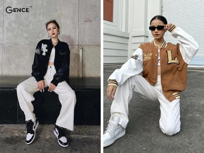 Phối đồ với giày Jordan nữ cùng áo khoác bóng chày, quần ống rộng
