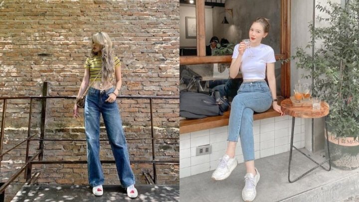 Phối đồ với giày sneaker trắng nữ kết hợp quần jeans xanh