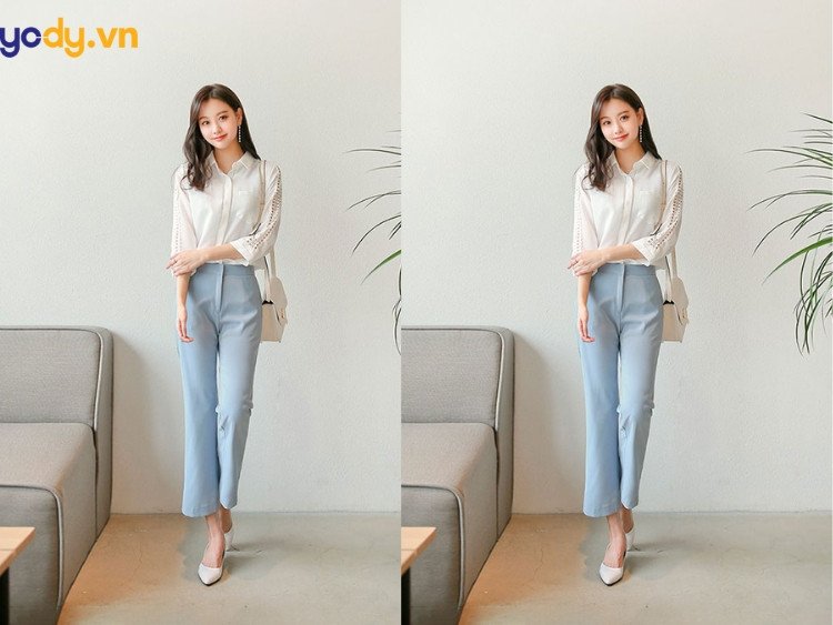 Phối đồ với giày sục nữ cùng áo sơ mi và quần cạp cao