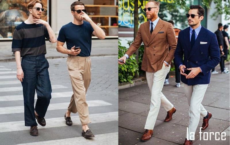 Phối đồ với giày tây nâu cùng quần kaki trắng thanh lịch