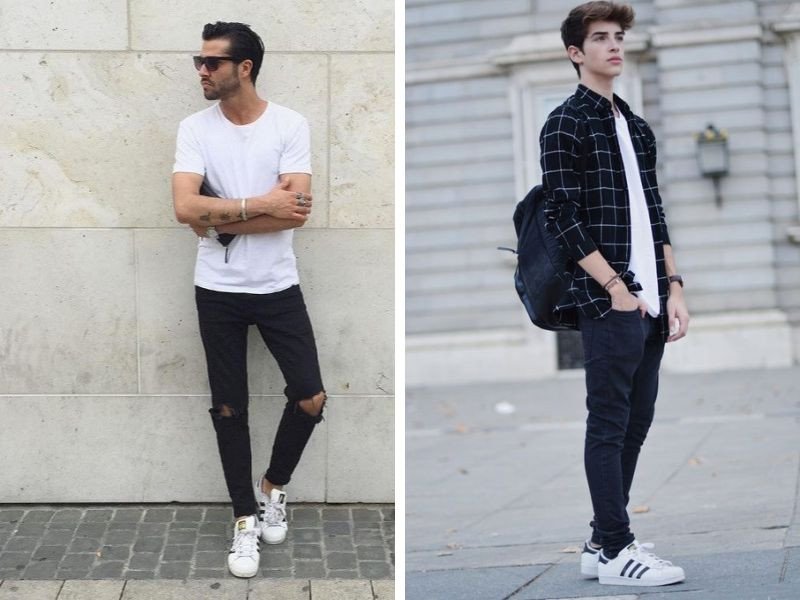 Phối đồ với giày thể thao nam Adidas Superstar cùng áo thun và quần jeans