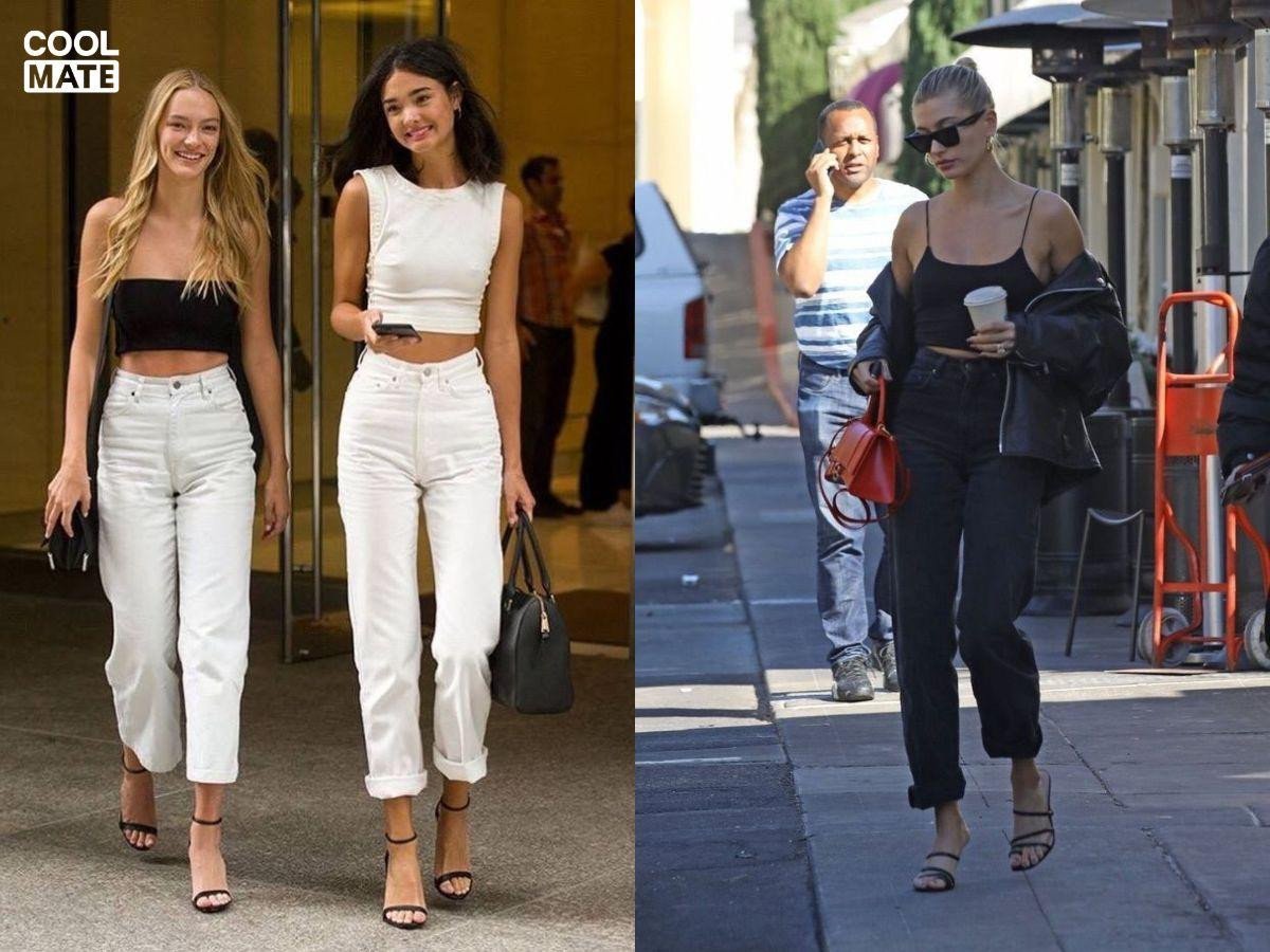 phối đồ với quần jean và sandal dây cao gót