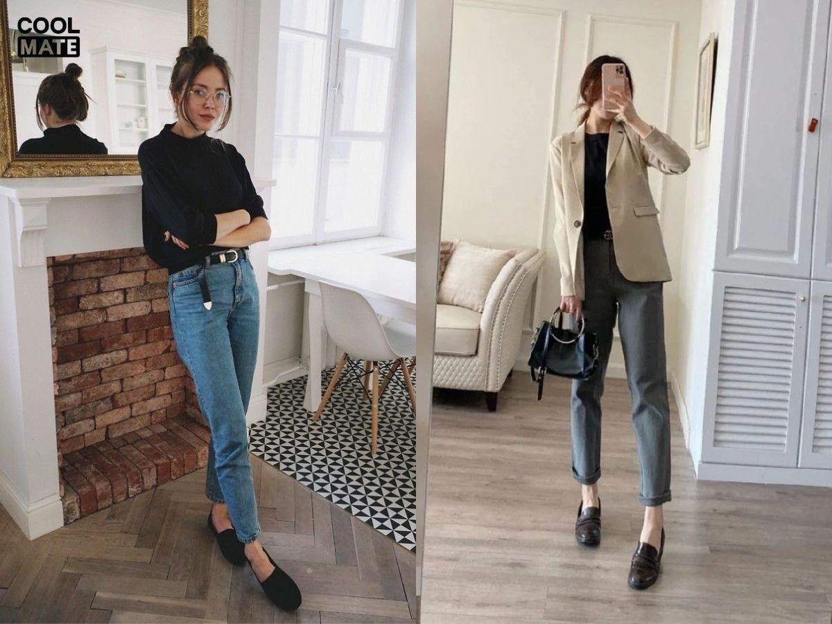 phối đồ với quần jeans và giày lười thoải mái