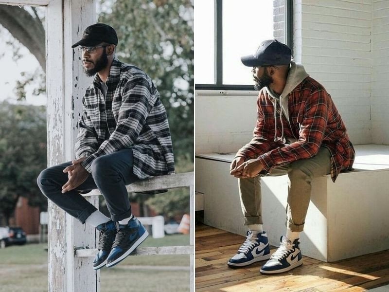 Phối giày Jordan cổ cao nữ với sơ mi flannel kẻ caro và quần kaki năng động