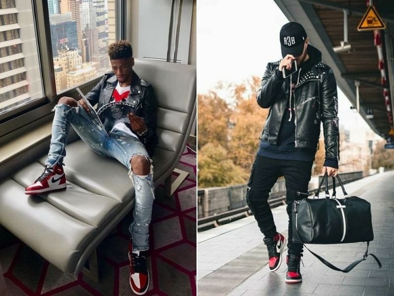 Phối giày Jordan cổ cao với áo khoác biker đen và quần jean rách, tạo phong cách mạnh mẽ