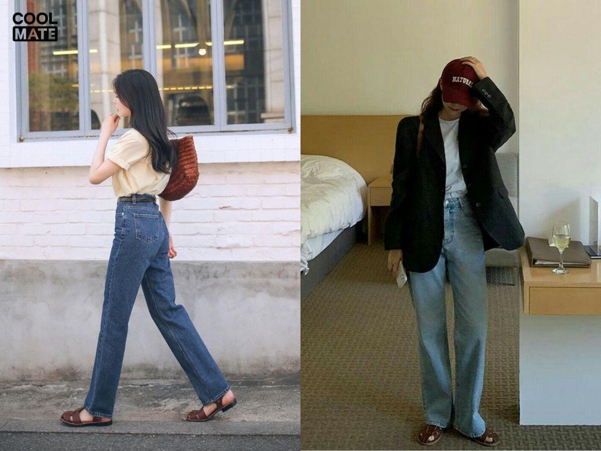 phối giày rọ và quần jeans phóng khoáng, cá tính