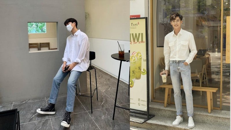 Phối giày sneaker nam cùng áo sơ mi năng động