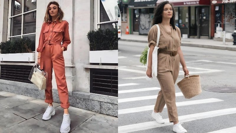 Phối giày sneaker trắng nữ cùng jumpsuit