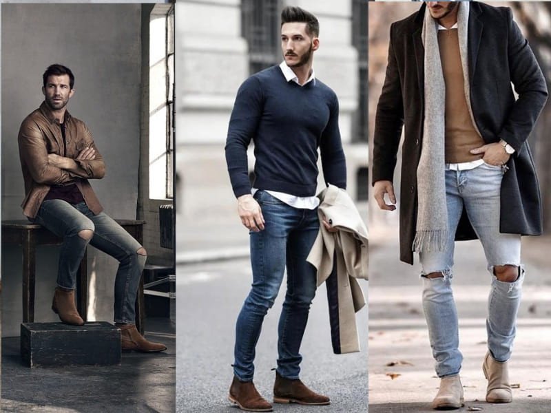 Phối giày tây không dây cùng quần jean xám slim-fit hiện đại