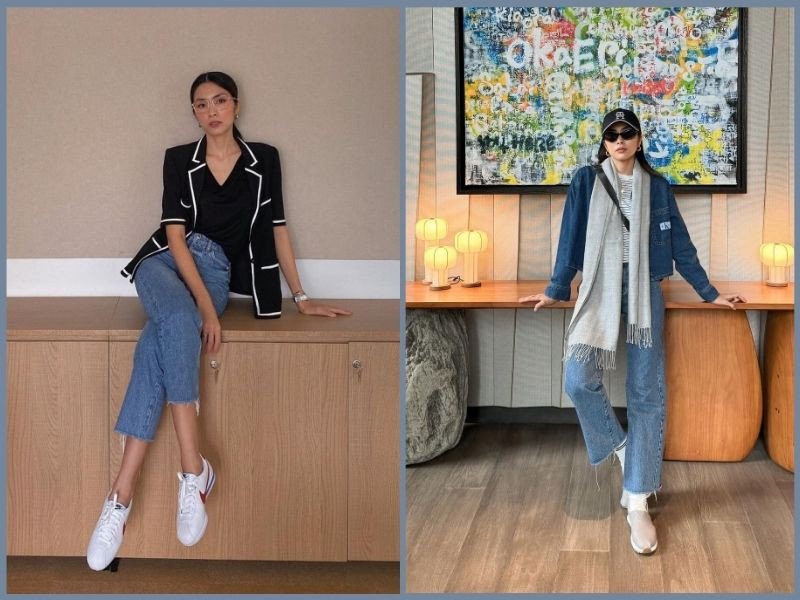 Phối quần áo với giày thể thao nữ: Áo phông và quần jean cá tính