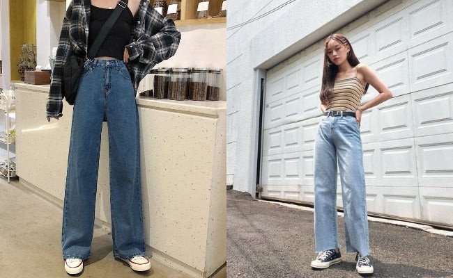 Phối quần jean ống rộng với giày sneaker trắng năng động, phong cách đường phố.