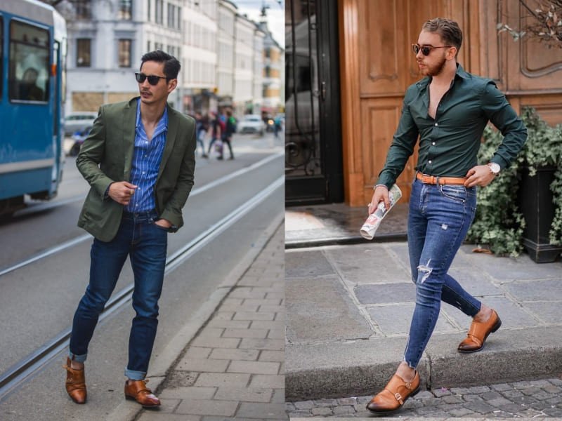 Phối quần jean xanh và giày Monk Strap da bóng cá tính