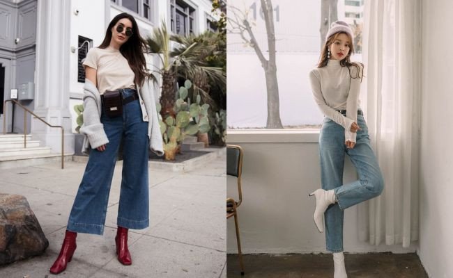 Phối quần ống rộng cùng giày boot cao gót và áo khoác da, tạo vẻ cá tính mạnh mẽ.