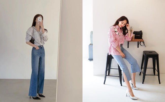 Phối quần ống rộng màu be với giày cao gót trắng