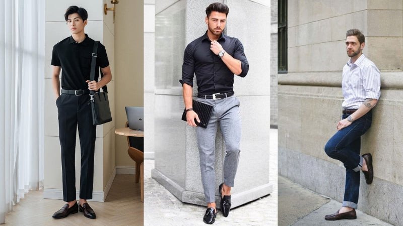 Phối quần tây sọc caro với giày lười da màu đen tạo vẻ ngoài phóng khoáng