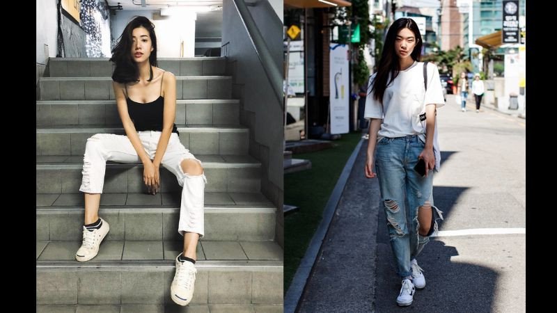 Phong cách cá tính khi phối đồ giày thể thao trắng cùng áo thun và quần jean rách