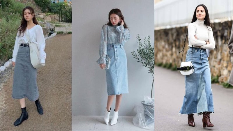 Phong cách cá tính với chân váy bò dài và boots đen