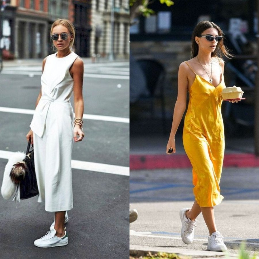 Phong cách phối đầm suông với giày sneaker thoải mái