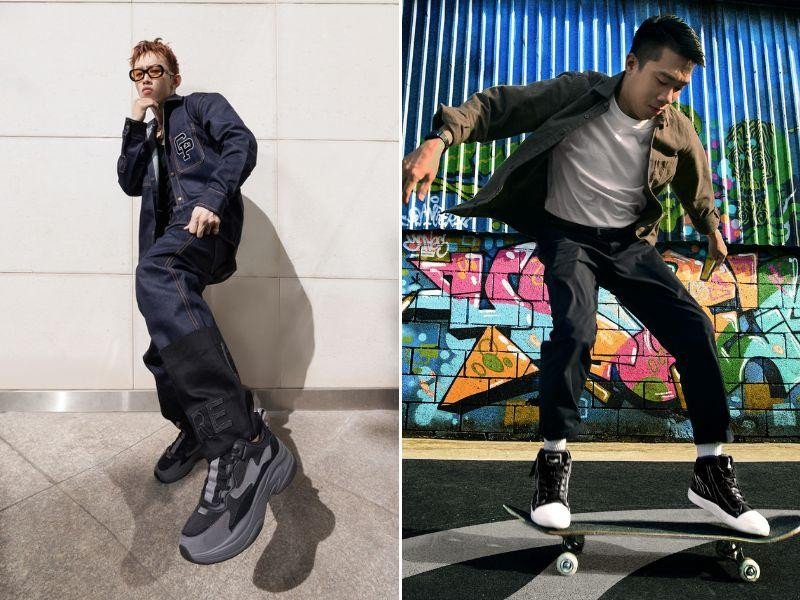 Phong cách street style với áo khoác jeans, áo thun đen, quần jeans và giày Bitis Hunter trắng, tạo nên vẻ ngoài trẻ trung, năng động