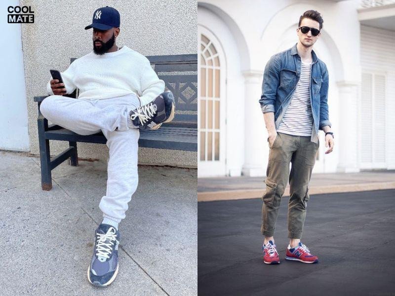 Phong cách streetwear với giày New Balance nam và quần jogger màu đen, kết hợp áo hoodie, cực ngầu và thoải mái.