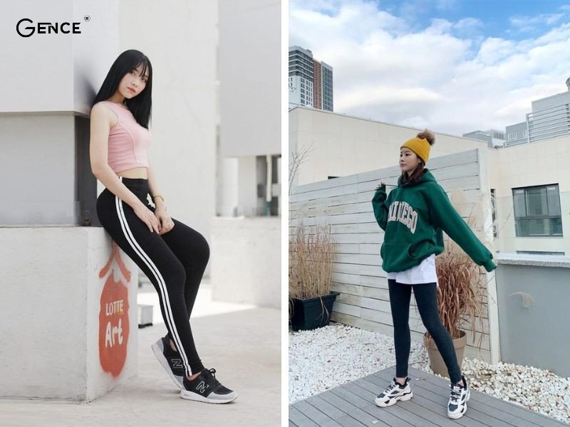 Phong cách thể thao với quần legging và giày sneaker đen nữ