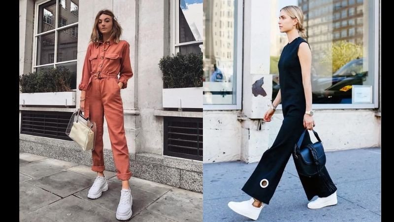Phong cách thoải mái khi phối đồ giày thể thao với jumpsuit ống rộng màu sắc trung tính