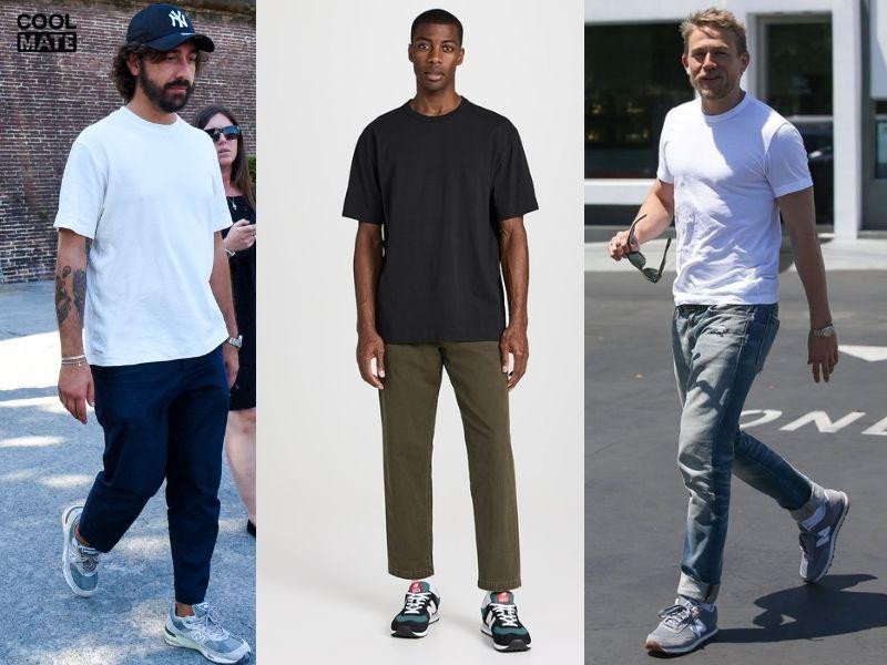 Phong cách tối giản với giày New Balance nam và áo phông trơn màu trắng, quần jeans, mang lại vẻ thanh lịch, dễ phối đồ.