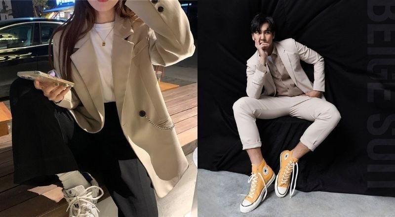 Phụ nữ mặc vest nâu và quần âu, phối với giày cao gót cùng màu