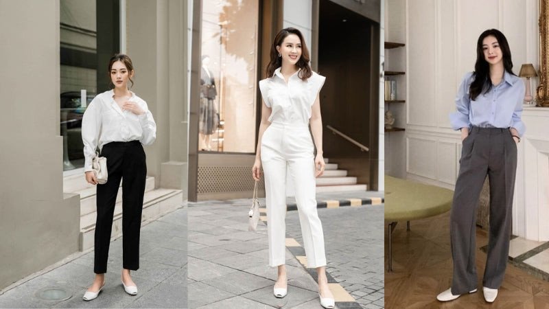 Quần âu ống rộng kết hợp giày Mules hở gót sành điệu