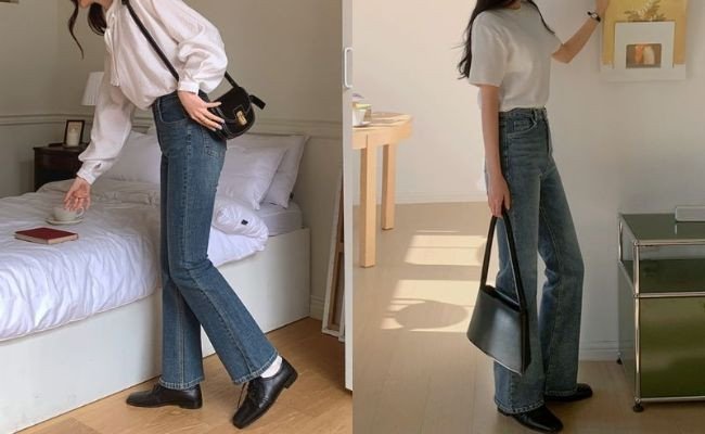 Quần jean ống rộng kết hợp giày Oxford cổ điển