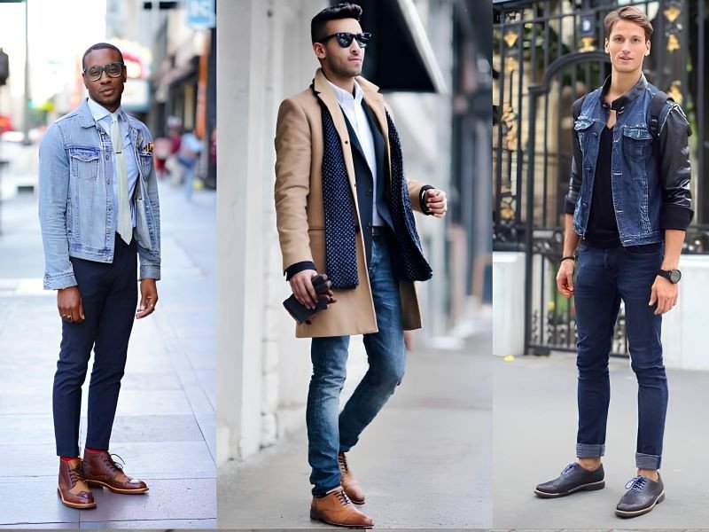Quần jean tối màu kết hợp cùng giày Brogue da nâu có họa tiết