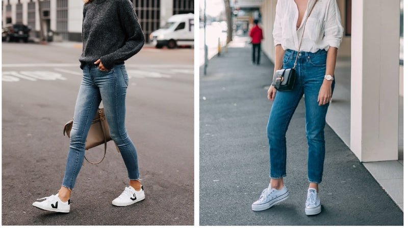 Quần jean và giày thể thao độn đế được đông đảo chị em lựa chọn